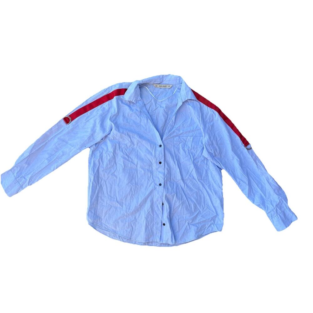 Zara Basic Button Down Shirt Red Stripe Norm Core Detail Size XS FLAW